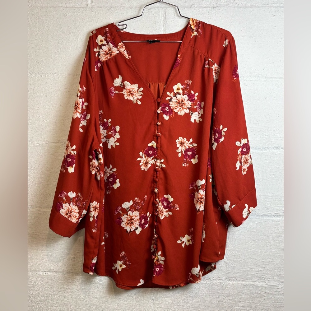 Torrid Harper Plus Size Floral V-neck Lightweight Casual Red Spring Blouse Sz 3X